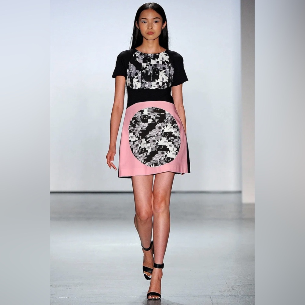 Tibi Black and Pink Mini Dress with Monochrome Graphic Panel